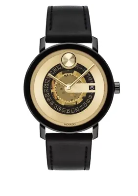 Brand New Movado BOLD Evolution Men’s Gold Dial Black Leather Watch 3600676 • $695