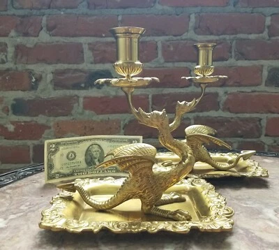 $399.90 • Buy Vintage Pair DRAGON Heavy Solid Brass Candle Holder/Candlestick