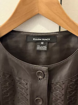 Brown Leather Ellen Tracy Jacket Size 16 W/Woven Leather Sleeves • $30.24