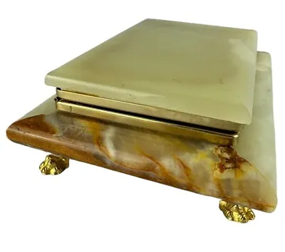 Vintage Onyx & Marble Brass Claw Feet Hinged Jewelry Box 7  Red Velvet Lined • $62.95