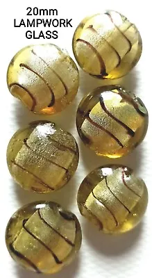 6 X Olive Green Brown Foil 20mm LAMPWORK GLASS Round Feature Focal Pendant Beads • £3.50