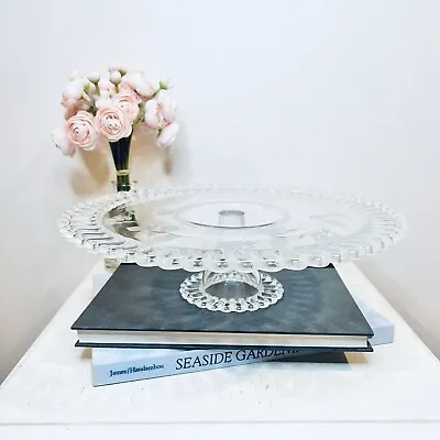 Vintage Open Lace Ribbon Edge Etched Floral Glass Cake Stand Pedestal Plate • $59