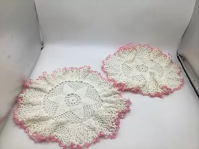 Handmade Vintage Floral White With Pink Trim 13” Doilies Set Of 2 • $12.99