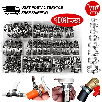 101pcs Adjustable Hose Clamps Worm Gear Stainless Steel Clamp Assortment Set • $15.55