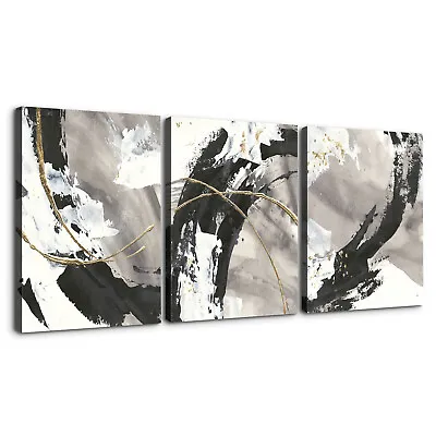 Black And White Abstract Painting 3 Piece Canvas Wall Art Picture Poster Home De • $29.99