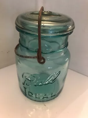 Vintage 1923 -1933 BALL IDEAL PAT'D JULY 14 1908 Aqua Jar Glass Wire Side Lid • $11.50