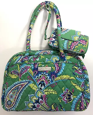 2 PC Vera Bradley Emerald Green Paisley Medium Bowler Bag Purse + Wristlet VGUC • $17.99