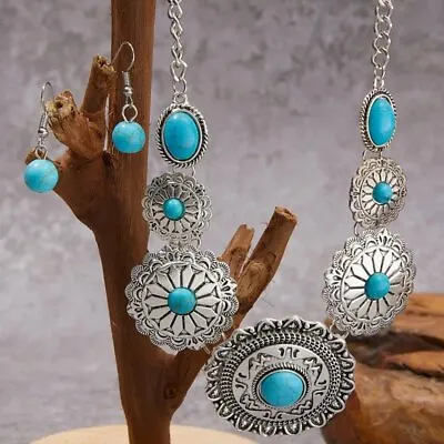 £6.99 • Buy Silver Turquoise Ethnic Boho Collar Pendant Statement Summer Necklace Set