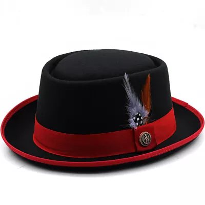 Men's Pork Pie Dome Top Hat Wool Flat Fedora Gambler Feather Dance Jazz Hat  • $13.99