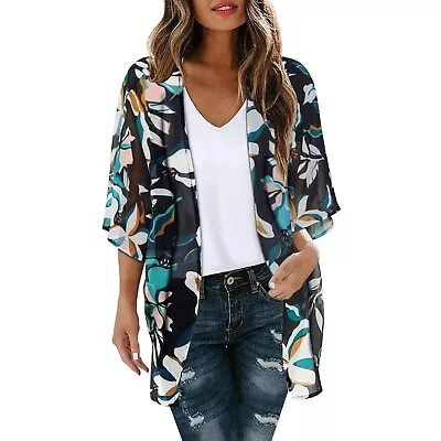 Summer Womens Floral Printed Puff Sleeve Chiffon Kimono Cardigan Loose Cover Au • $21.58