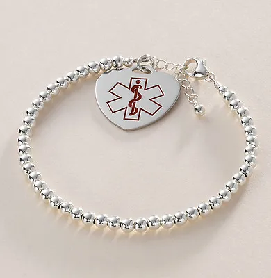 Sterling Silver Beaded Medical Alert Bracelet SOS ID Jewellery Girls Women • £34.99
