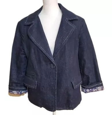 Talbots Vtg Cotton Floral Contrast Lined Dark Wash Denim Jean Jacket Blazer 10 • $18