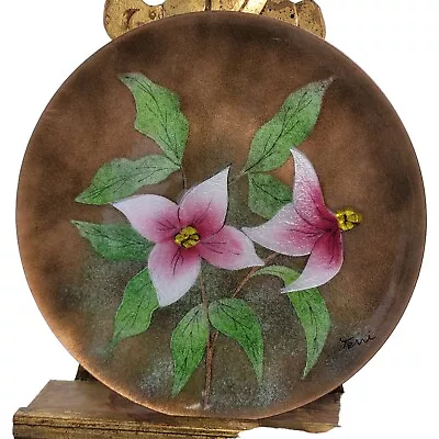 Vtg Art Enamel Copper Plate Bovano Of Cheshire 8   Mandevilla? Pink Flower READ • $11.99