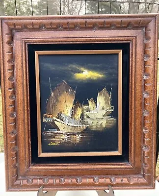 Vintage MCM Oil Painting Chinese Junk Boats Creative Interiors Signed CHAN 16” • $49