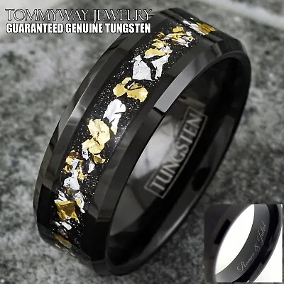 Engraved Tungsten Carbide 24K Gold/White Gold Foil Black Men's Wedding Band Ring • $34.99