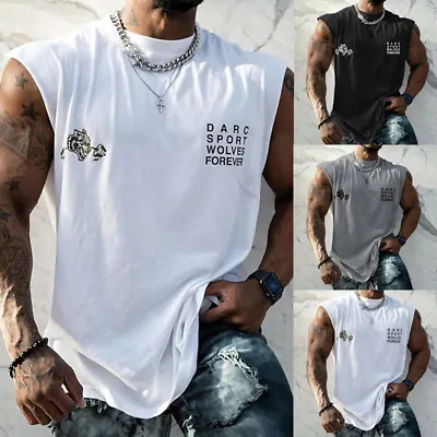 Mens Printed Vest Tank Tops Summer Sport Muscle Gym Fitness Bodybuilding T Shirt • £10.29