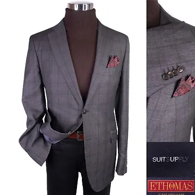 Suitsupply Ethomas Sport Coat Jacket Blazer Plaid Gray 130's Wool Sz 44L 2-Buttn • $69.75