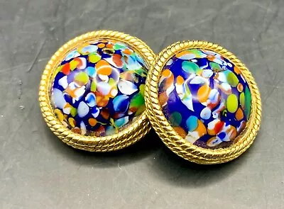 Millefiori Style Art Glass Clip On Earrings Cobalt Blue Dome Goldtone Vintage • $15