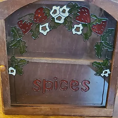 Vintage 70’s Spice Cabinet Rack Wooden With Faux Stained Glass Door Strawberries • $87.41