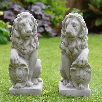 Garden Lion Ornaments Pair Hand Cast Stone Statue Pillar Cap Gate Outdoor Gift • £79.80