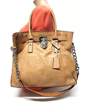 Michael Kors Hamilton Brown Croc Prints Leather Satchel Shoulder Handbag • $58