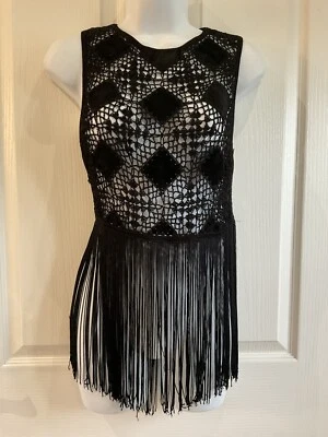 £12.50 • Buy TOPSHOP Premium Black Crochet Suede Tassel Fringe Festival Boho Top XS UK 4 6