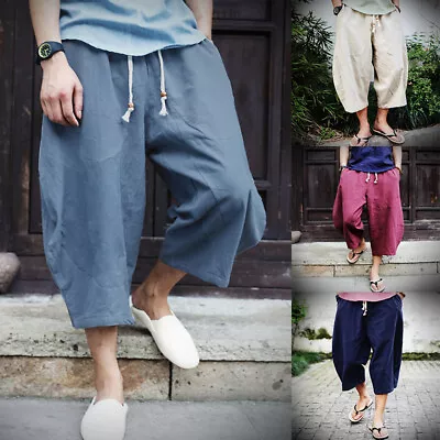 Mens Capri Pants Harem Loose Baggy Shorts Plain Chinese Casual Soft Linen Cotton • $17.01