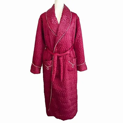 VTG Mens Burgundy Red Japanese Embroidered Quilted Satin Smoking Jacket Robe XL • $99