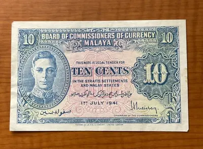 1941 Malaya 10 Cents - World Banknote Currency • $35