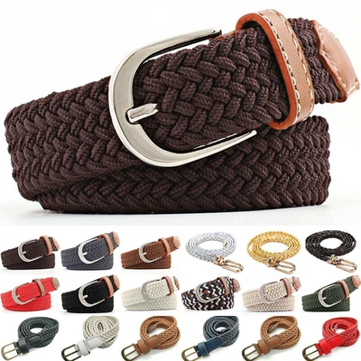 Womens Elastic Stretch Woven Braided Belt Pin Buckle Webbing Jeans Waistband UK • £2.39