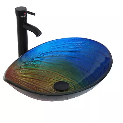 ELECWISH Bathroom Sink Multicolor Tempered Glass Vessel Sink Bowl With Faucet • $101.99