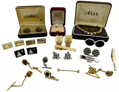 VTG Mixed Lot Cufflinks Tie Tacks Pins Clips Collar Bar Pin Chain Jewelry AS IS • $39.99