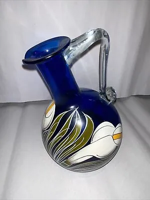Mexican Hand Blown Blue Glass Pitcher Hand Painted Calla Lilies • $10