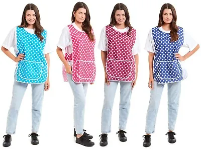 Ladies Polka Dot Design Piping Tabard Apron With Pocket Overall Kitchen Cleaning • £7.99