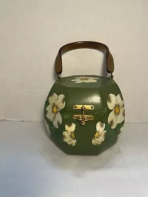 Vintage Hand Painted Wooden Octagon Box Purse Flowers Floral Design Signed • $29.99