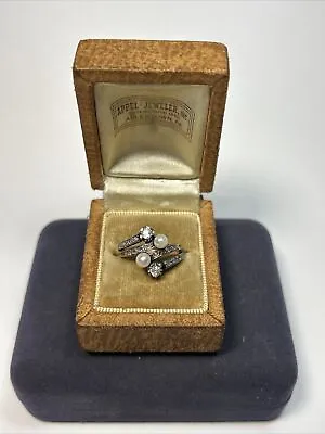 Antique Victorian 18k Solid Yellow Gold Mine Cut Diamond & Pearl Bypass Ring • $599.99