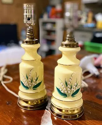 Pair Vintage Lily Of The Valley Hand Painted  Glass Lamps 15 Inch • $25