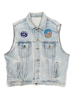 90s VTG Rte 66 Denim Vest W/ Patches Mercedes Embossed Logo Western Workwear L • $49.99