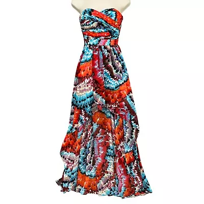 Aidan Mattox Formal Dress Blue Orange Feather Print Strapless High Low Gown Sz 2 • $71.99