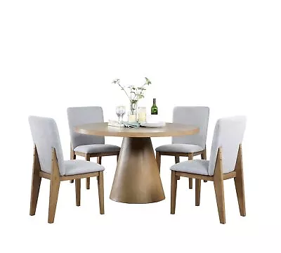 5 Piece Round 52  Dining Table Set MDF Linen Gray Upholstered Chairs Oak Finish • $1139.01