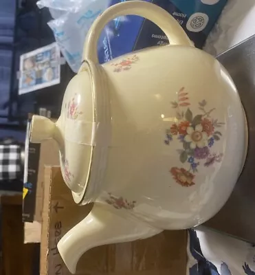 Vintage Rare Homer Laughlin Floral Flower Large Tea Pot Kitchen Kraft Tan • $38