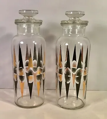 Vintage PAIR MCM Glass Atomic Gold And Black Transfer Cannister Jars With Lids • $39