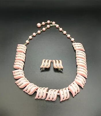 Vintage CORO Thermoset Demi Parure Necklace Earrings Pastel Pink Silver Tone • $34.95