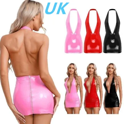 UK Womens Wet Look PVC Leather Mini Dress Backless Halter V Neck Bodycon Dress  • £15.59