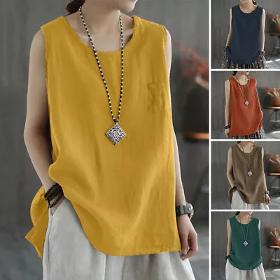 ZANZEA Women Sleeveless Summer Cotton Tank Tops Cami Solid Color Blouse T Shirt • $25.29