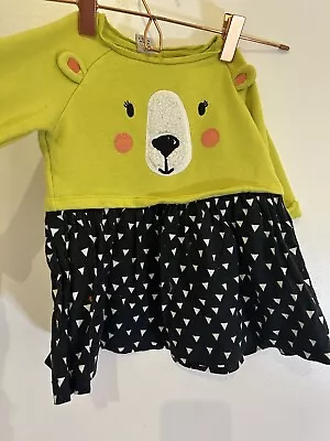 TU Girls Dress A-Line Size 12-18 Months Mustard Bear Face Heart Print Skirt • £4.99