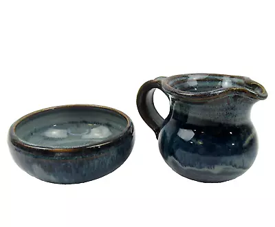 Mill Stone Pottery Artist GAIL TURNER Blue Creamer & Sugar Pair Stoneware Signed • $36