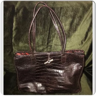 LONGCHAMP Brown Croc Embossed Leather Tote Shoulder Bag Made In France  • $179