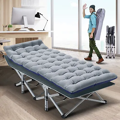 UK Gray Blue Folding Camping Cot For Adult  Military Bed With Mattress Carry Bag • £79