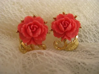 Vintage Gold Tone FAUX CORAL ROSE Earrings Clip-on Unsigned • $16